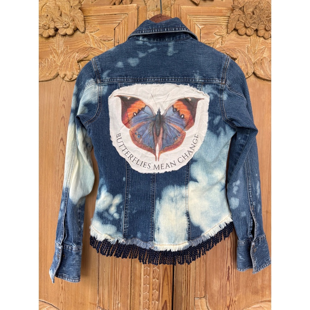Upcycled Butterfly Jean Jacket | Bleached Fringe Denim | Size S - Picture 11 of 11